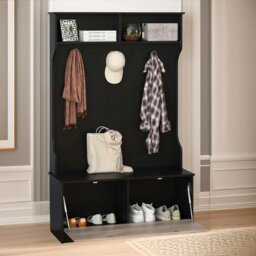 Rackhams 160CM Tall Hall Tree Coat Stand With Shoe Rack And Storage Shelves Black - thumbnail 6