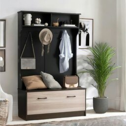 Rackhams 160CM Tall Hall Tree Coat Stand With Shoe Rack And Storage Shelves Black