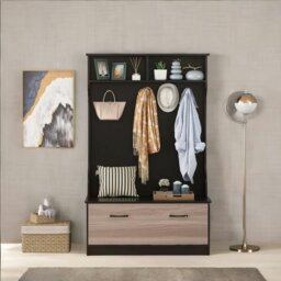 Rackhams 160CM Tall Hall Tree Coat Stand With Shoe Rack And Storage Shelves Black - thumbnail 5