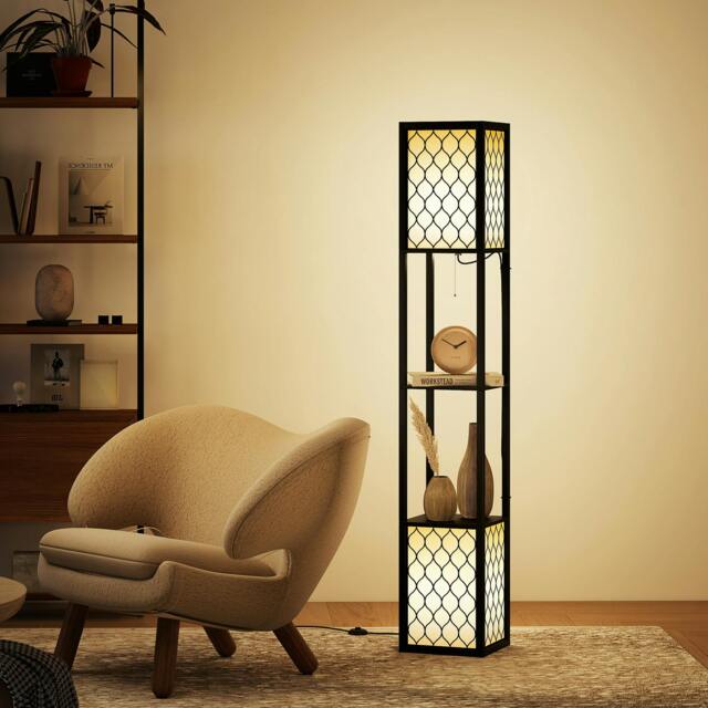 Rackhams 2-Light Modern Floor Lamp with Shelves for Living Room, Black - image 1