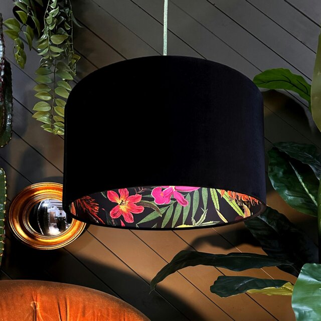 "Rackhams Onyx Botanical Garden Silhouette Lampshade in Black Velvet - Ceiling Pendant / Arc Lamp - 50cm diameter x 25cm Height (20"" x 10"")" - image 1