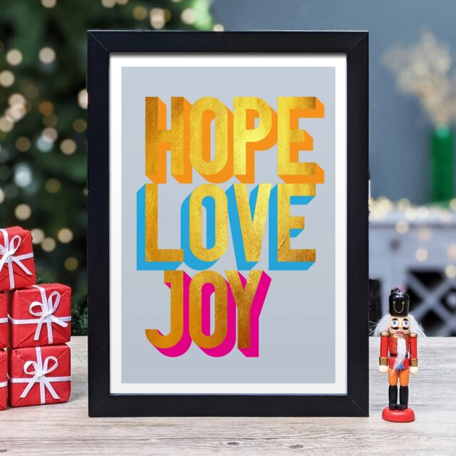 Rackhams Hope Love Joy golden words art print - Black frame - image 1