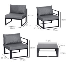 Rackhams 6Pcs Outdoor Sectional Sofa Set Conversation Aluminum Frame w/ Cushion - Grey - Aluminium, Polyester - 69cm x 65cm x 63cm - thumbnail 5