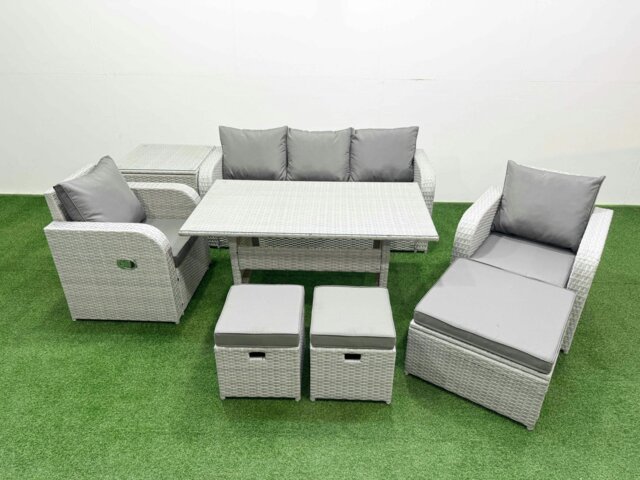 Rackhams PE Rattan Garden Furniture Set Reclining Chair Sofa Lounge Sofa Set Rectangular Dining Table Side Table 3 Stools Light Grey - image 1