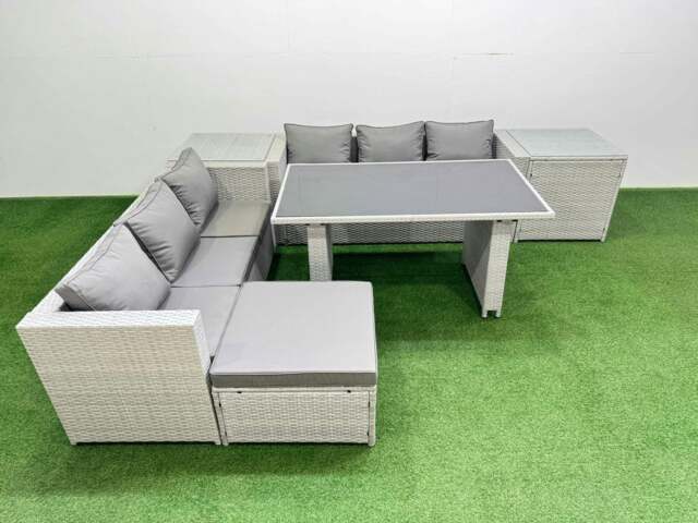 Rackhams Rattan Garden Furniture Dining Set 7 seater Patio Rectangular Table Sofa Set with 2 Side Tables Big Stool Light Grey - image 1