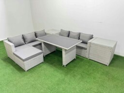 Rackhams Rattan Garden Furniture Dining Set 7 seater Patio Rectangular Table Sofa Set with 2 Side Tables Big Stool Light Grey - thumbnail 2
