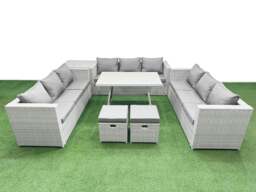Rackhams 11 Seat Outdoor Patio PE Rattan Garden Furniture with Cushions 3 Seater Sofa Side Table 2 Small Stools Light Grey