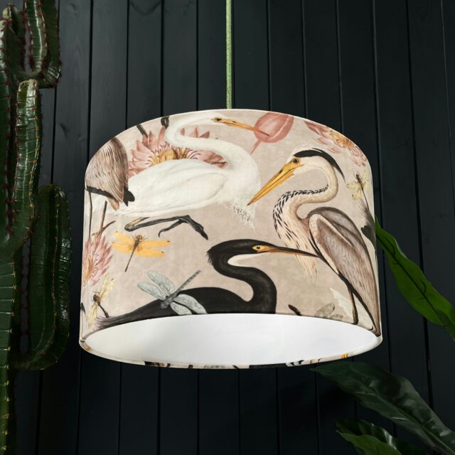 "Rackhams Bird Song Velvet Lampshade in Bone - Table / Floor Lamp - 40cm Diameter x 25cm Height (16"" x 10"")" - image 1