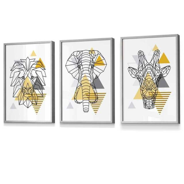 Rackhams Yellow Geometric Giraffe Lion Elephant Set of 3 Framed Wall Art - 50x70cm - Light Grey - image 1