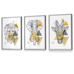 Rackhams Yellow Geometric Giraffe Lion Elephant Set of 3 Framed Wall Art - 50x70cm - Light Grey