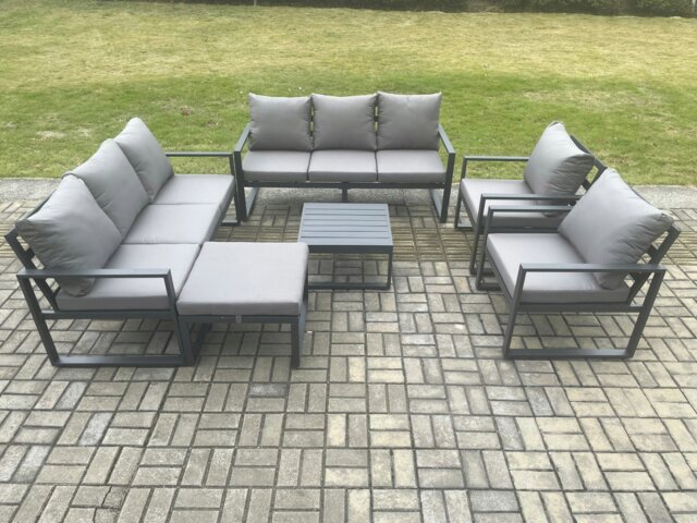 Rackhams Aluminium Patio Outdoor Garden Furniture Lounge Sofa Set with Square Coffee Table 2 Chairs Big Footstool Dark Grey - image 1