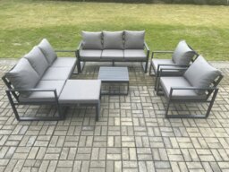 Rackhams Aluminium Patio Outdoor Garden Furniture Lounge Sofa Set with Square Coffee Table 2 Chairs Big Footstool Dark Grey - thumbnail 1
