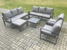 Rackhams Aluminium Patio Outdoor Garden Furniture Lounge Sofa Set with Square Coffee Table 2 Chairs Big Footstool Dark Grey - thumbnail 2