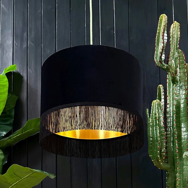 "Rackhams Black Velvet Lampshade With Gold Foil Lining and Fringing - Ceiling Pendant / Arc Lamp - 70cm Diameter x 20cm Height / (27"" x 8"")" - image 1