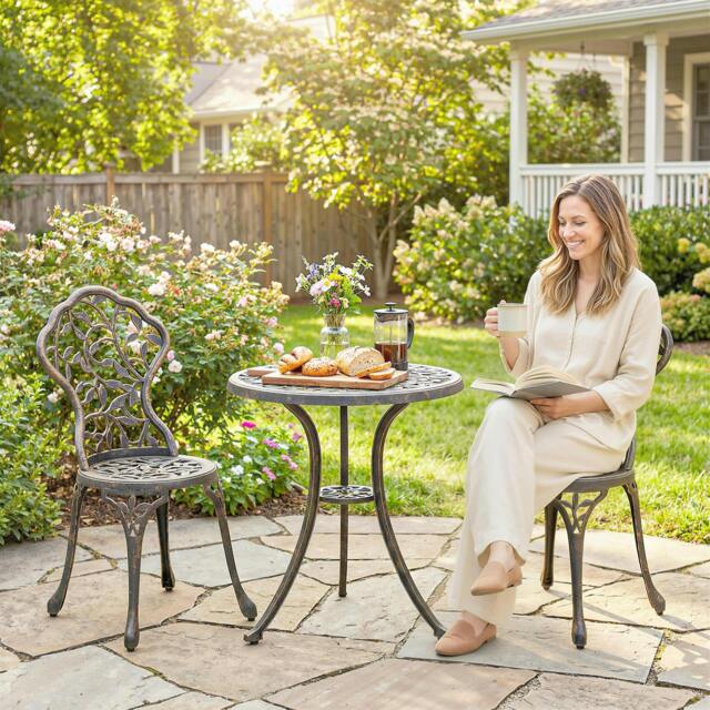 Rackhams Aluminium Bistro Set Garden Coffee Table Chair Outdoor Dining Set - Brown - 3 - Outdoor Bistro Set - image 1