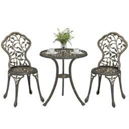 Rackhams Aluminium Bistro Set Garden Coffee Table Chair Outdoor Dining Set - Brown - 3 - Outdoor Bistro Set - thumbnail 2