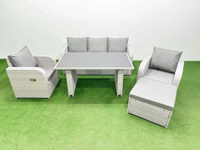 Rackhams Outdoor Rattan Garden Furniture Dining Set 6 seater Patio Rectangular Table 3 Seater Sofa Reclining Chair Set with Big Stool - image 1