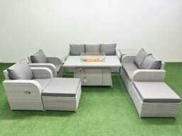Rackhams Rattan Garden Furniture Set Reclining Chair Sofa Double Love Seat 2 Seater Sofa Fire Pit Dining Table 2 Big Footstool Side Table Light Grey - thumbnail 1