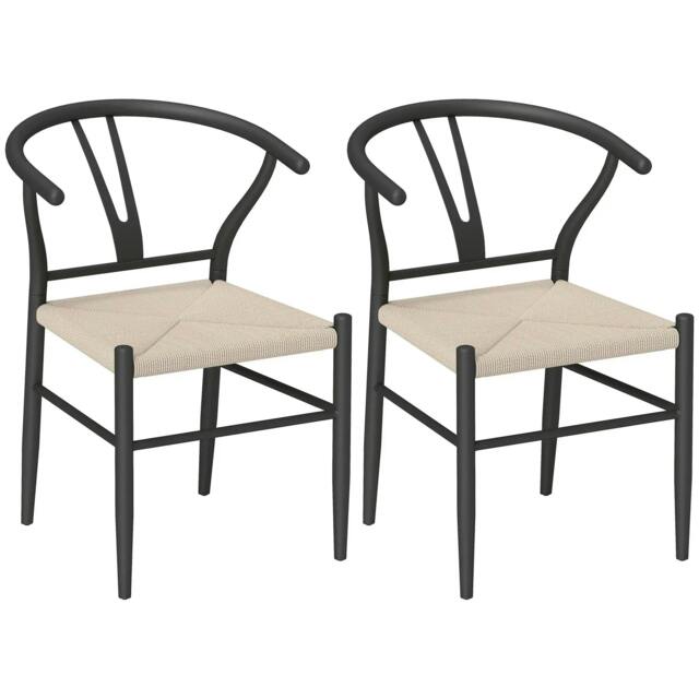 Rackhams Set of Two Weave Dining Chairs with Y-Shaped Backrest Hemp Seat - Black/Beige