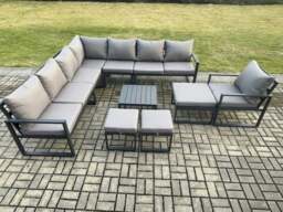 Rackhams Aluminium Outdoor Garden Furniture Set Lounge Corner Sofa Square Coffee Table Chair Sets with 3 Footstools Dark Grey - thumbnail 2