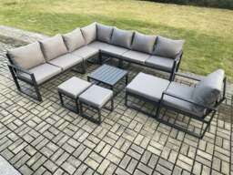 Rackhams Aluminium Outdoor Garden Furniture Set Lounge Corner Sofa Square Coffee Table Chair Sets with 3 Footstools Dark Grey - thumbnail 1