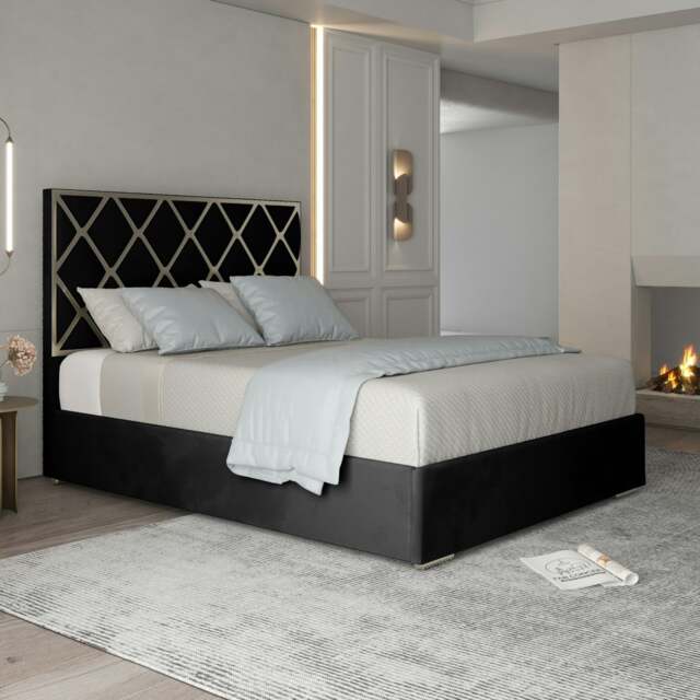 Rackhams Tammy Upholstered Soft Velvet Metal Bed Frame - Black - Black - Small double - image 1