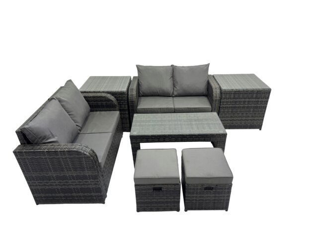 Rackhams 3 Seater Sofa Reclining Chair Coffee Table Set Rattan Garden Outdoor Furniture Set with 2 Side Tables 2 Small Stools Dark Grey Mixed - image 1