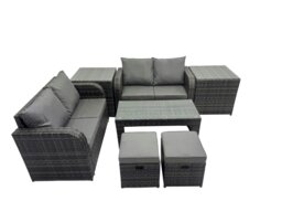 Rackhams 3 Seater Sofa Reclining Chair Coffee Table Set Rattan Garden Outdoor Furniture Set with 2 Side Tables 2 Small Stools Dark Grey Mixed - thumbnail 1