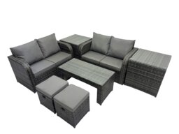 Rackhams 3 Seater Sofa Reclining Chair Coffee Table Set Rattan Garden Outdoor Furniture Set with 2 Side Tables 2 Small Stools Dark Grey Mixed - thumbnail 2