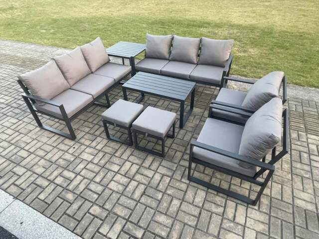 Rackhams Aluminium Outdoor Garden Furniture Lounge Sofa 2 PC Chairs Oblong Coffee Table Sets with Side Table 2 Small Footstool Dark Grey - image 1