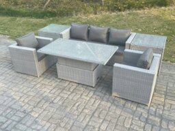 Rackhams Rattan Garden Funiture Set Adjustable Rising Lifting Table Sofa Dining Set With 2 Arm Chair 2 Side Table - thumbnail 1