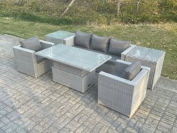 Rackhams Rattan Garden Funiture Set Adjustable Rising Lifting Table Sofa Dining Set With 2 Arm Chair 2 Side Table - thumbnail 2