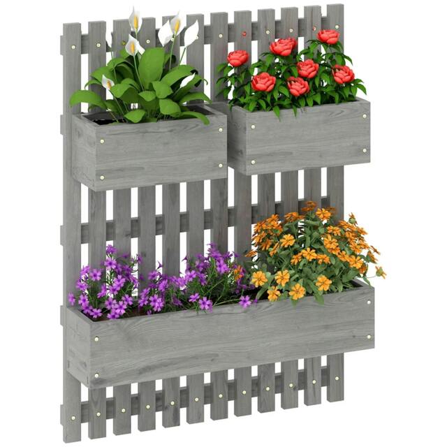 Rackhams Wall-mounted Wooden Garden Planters with Trellis, Drainage Holes and 3 Planter Boxes for Patio, Grey