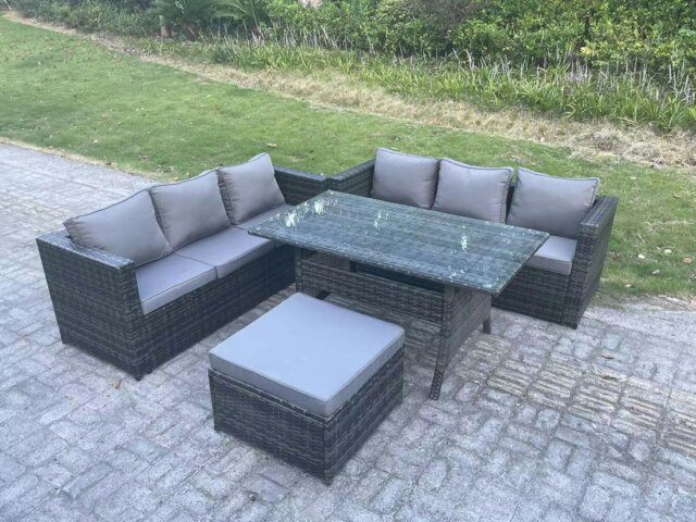 Rackhams PE Wicker Outdoor Garden Furniture Set Patio Rattan Rectangular Dining Table Lounge Sofa with Big Footstool 7 Seater Dark Grey Mixed - image 1