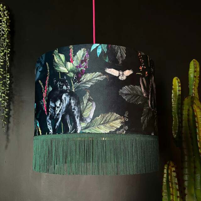 "Rackhams Handmade Fringed Velvet Lampshade in Wild Wood - Ceiling Pendant / Arc Lamp - 60cm diameter x 25cm Height (24"" x 10"")" - image 1