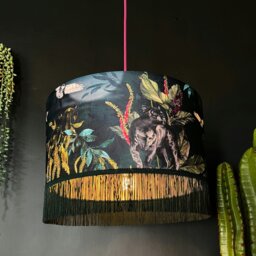 "Rackhams Handmade Fringed Velvet Lampshade in Wild Wood - Ceiling Pendant / Arc Lamp - 60cm diameter x 25cm Height (24"" x 10"")" - thumbnail 2