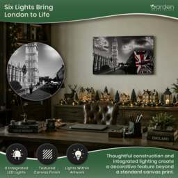 Rackhams Big Ben & London Bus Scene Canvas Print with 6 LED Lights, Stretched on Wooden Frame, Battery Powered Wall Art, 60cm x 40cm - thumbnail 4