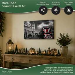 Rackhams Big Ben & London Bus Scene Canvas Print with 6 LED Lights, Stretched on Wooden Frame, Battery Powered Wall Art, 60cm x 40cm - thumbnail 3