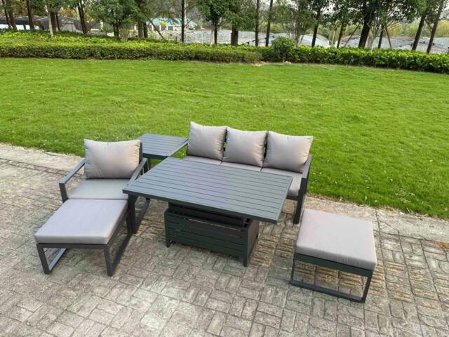 Rackhams 6 Seater Aluminium Garden Furniture Set with Adjustable Rising Dining Table, Side Table - Dark Grey - image 1
