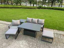 Rackhams 6 Seater Aluminium Garden Furniture Set with Adjustable Rising Dining Table, Side Table - Dark Grey - thumbnail 1