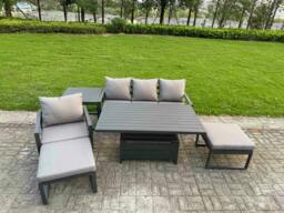 Rackhams 6 Seater Aluminium Garden Furniture Set with Adjustable Rising Dining Table, Side Table - Dark Grey - thumbnail 2