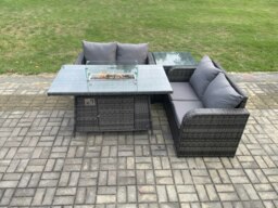 Rackhams Rattan Garden Furniture Set with Gas Fire Pit Table 4 Pieces Outdoor Loveseat Sofa Set Dark Grey Mixed - thumbnail 2