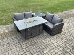 Rackhams Rattan Garden Furniture Set with Gas Fire Pit Table 4 Pieces Outdoor Loveseat Sofa Set Dark Grey Mixed - thumbnail 1