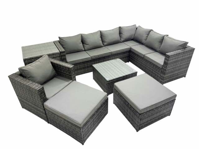 Rackhams Outdoor PE Rattan Garden Furniture Sofa Set with Square Coffee Table Chair 2 Big Stools Side Table Dark Grey - image 1