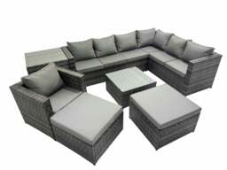 Rackhams Outdoor PE Rattan Garden Furniture Sofa Set with Square Coffee Table Chair 2 Big Stools Side Table Dark Grey - thumbnail 1