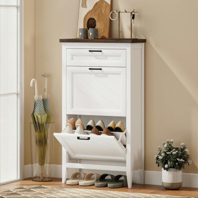 Rackhams Shoe Cabinet with 3 Flip Drawers, Narrow Shoe Storage Cabinet - White - 60 x 26.5 x 108.5 cm - Melamine and painted coating - image 1