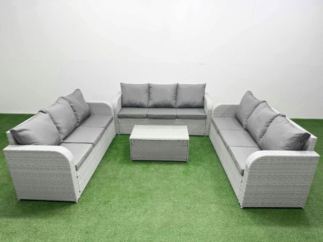 Rackhams PE Rattan Lounge Sofa Set 9 Seater Outdoor Garden Furniture Set with Rectangular Coffee Table 3 Seater Sofa Light Grey - image 1