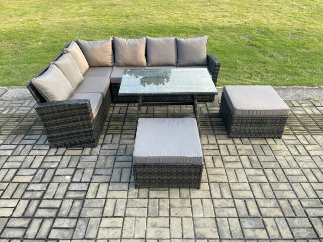 Rackhams High Back Outdoor Garden Furniture Set Rattan Corner Sofa Dining Table Set With 2 Big Footstool 8 Seater Dark Grey Mixed - image 1