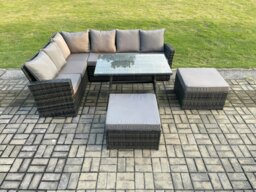 Rackhams High Back Outdoor Garden Furniture Set Rattan Corner Sofa Dining Table Set With 2 Big Footstool 8 Seater Dark Grey Mixed - thumbnail 1
