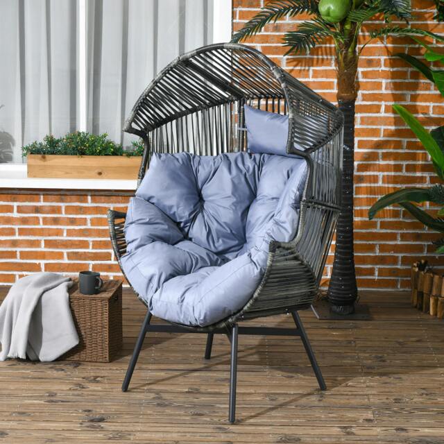 Rackhams Rattan Leisure Chair w/ Cushion, Garden Egg Chair with Headrest, Grey - Grey - image 1
